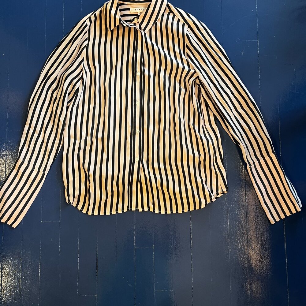 FRAME Silk Striped Buttondown Collared Shirt. Size M. Black and cream stripes.